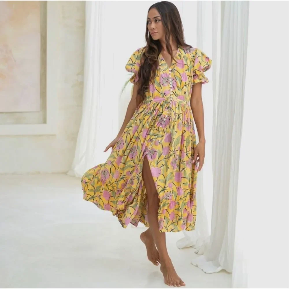 Fox & the Mermaid Venice floral block printed cotton midi dress Sz M/L NWT - Picture 1 of 11